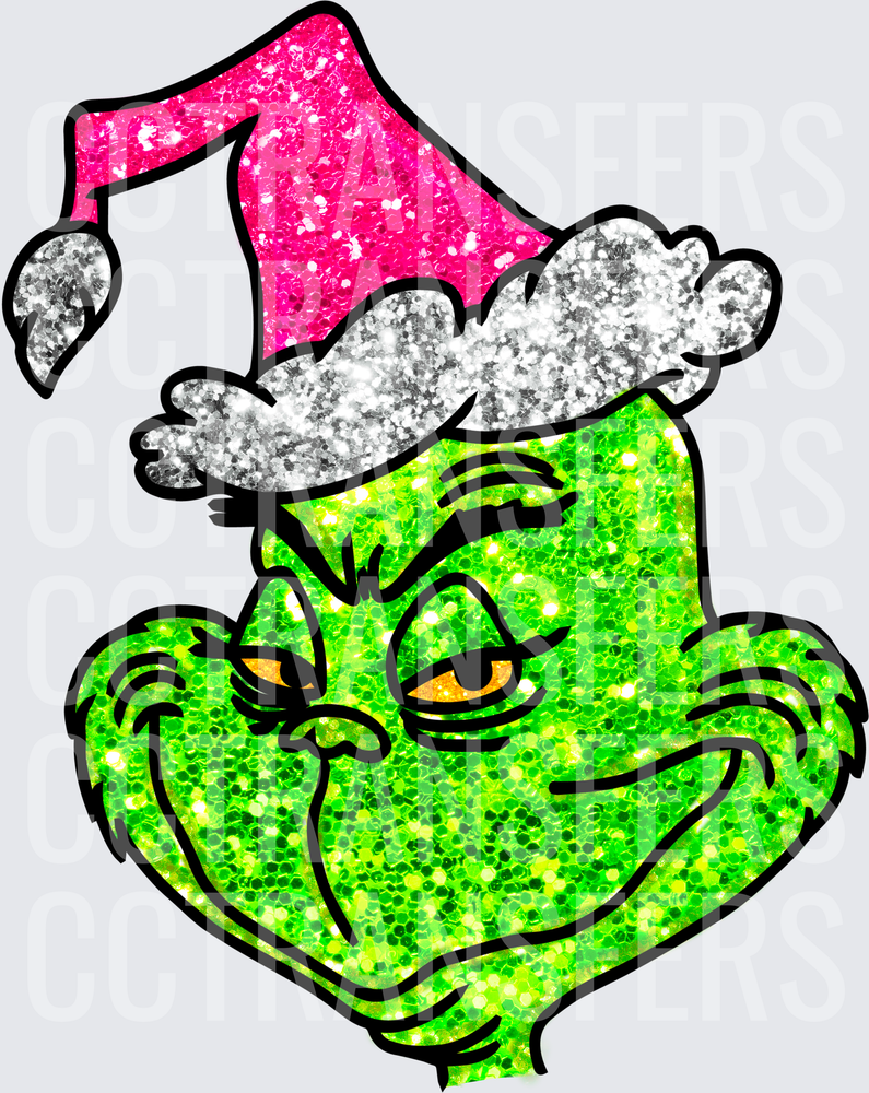 Glitter G-Man Green Grumpy Christmas Face Pink Santa Hat (DTF)