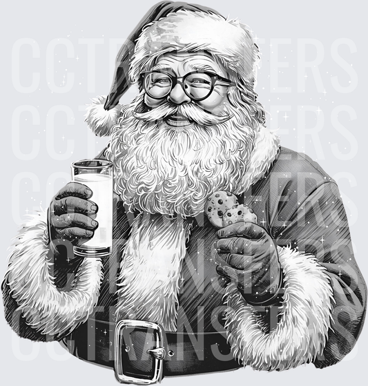 Santa Claus with Glasses Holding Milk and Cookie (DTF)