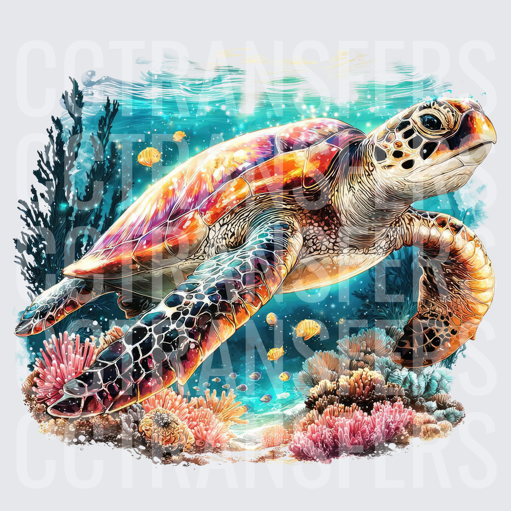 Vibrant Sea Turtle Swimming Over Coral Reef (DTF)