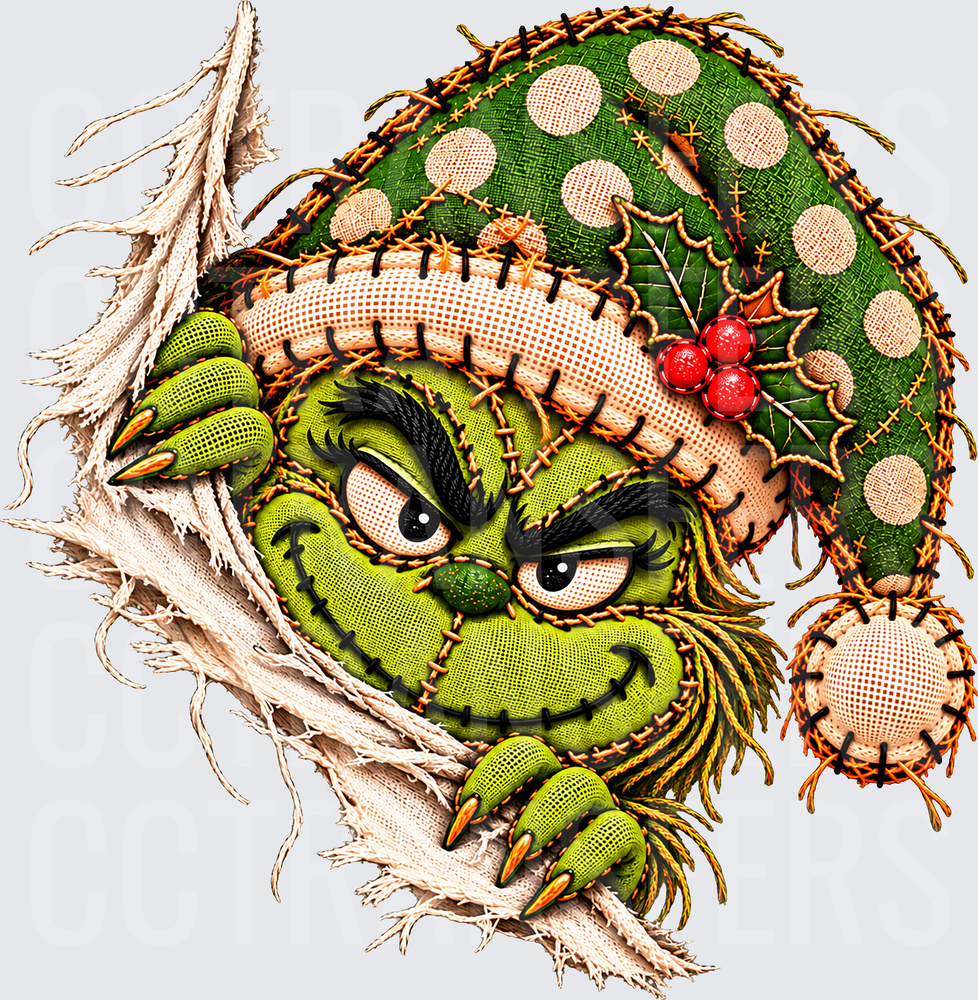 Grumpy Green G-Man Peeking Fabric Doll Christmas Hat (DTF)