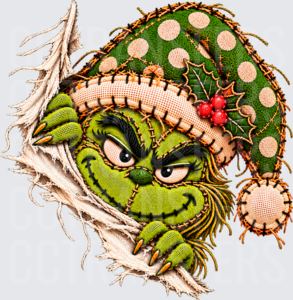 Grumpy Green G-Man Peeking Fabric Doll Christmas Hat (DTF)