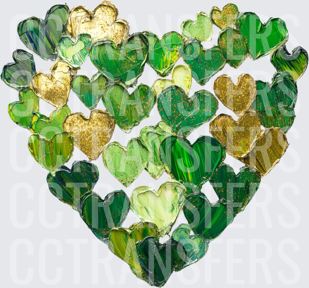 Green and Gold Painted Hearts Collage Heart Shape (DTF)