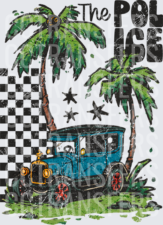 The Police Vintage Car Palm Trees Checker Band Graphic (DTF)