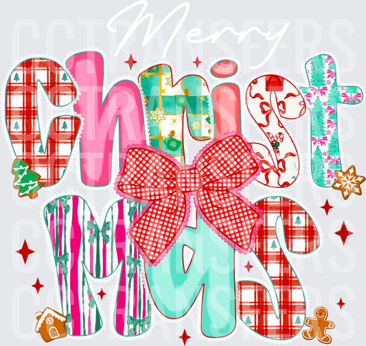 Patchwork Christmas Lettering Red Bow Gingerbread Sparkle (DTF)