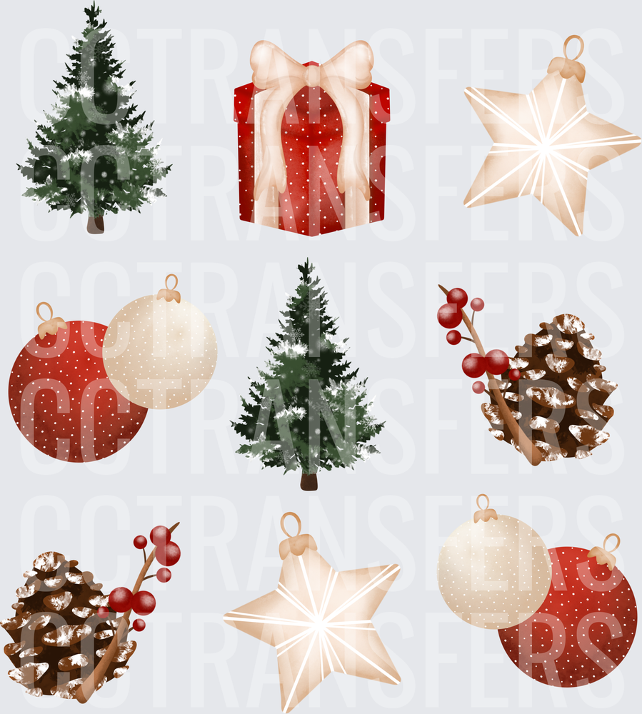 Rustic Christmas Icons Trees Ornaments Pine Cones Berries (DTF)