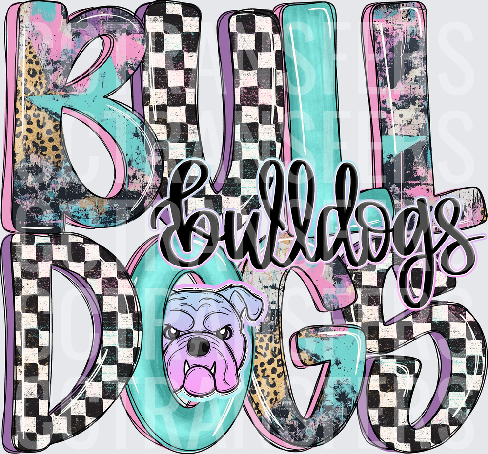 Bulldogs Mascot Checkered Leopard Grunge Bold Letters (DTF)
