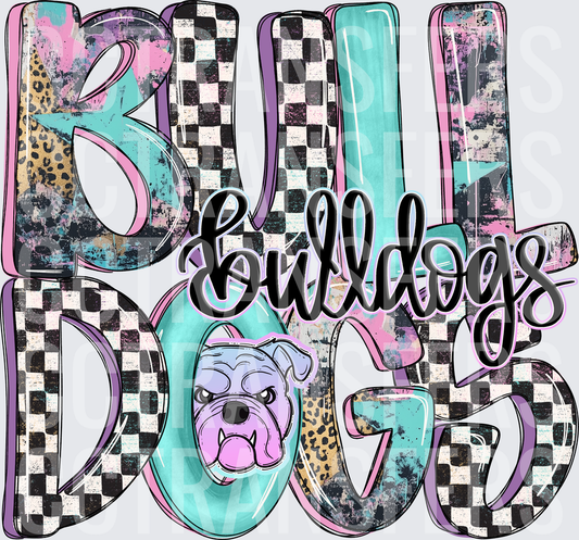 Bulldogs Mascot Checkered Leopard Grunge Bold Letters (DTF)