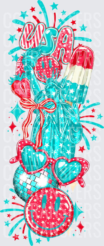 USA Patriotic Liberty Statue Smiley Stars Collage (DTF)