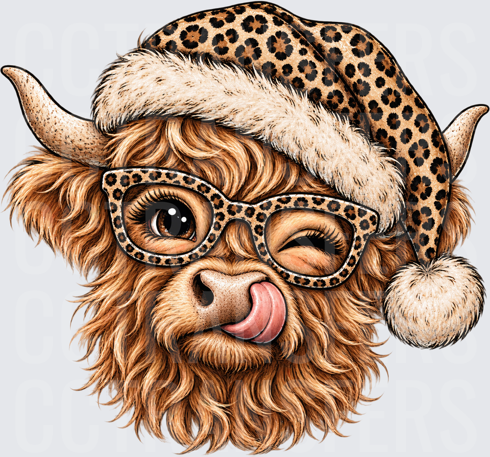 Sassy Highland Cow Leopard Santa Hat Glasses Wink (DTF)