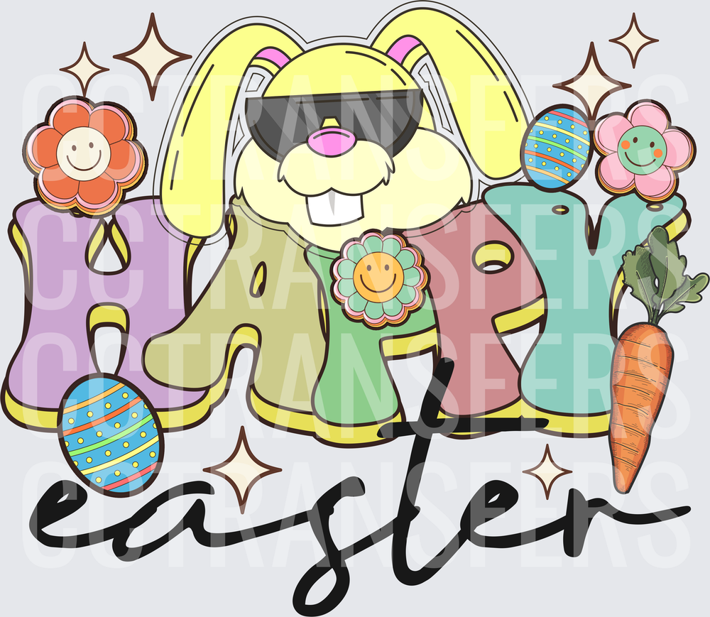 Happy Easter Cool Bunny with Eggs Flowers Carrot (DTF)