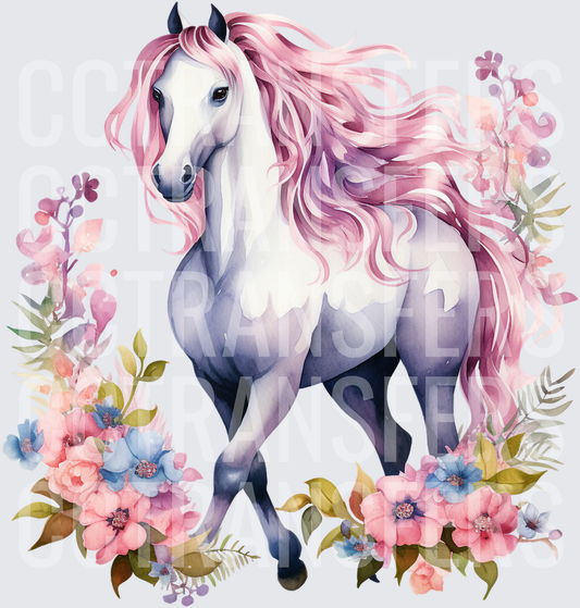 Watercolor White Horse Pink Flowing Mane Floral (DTF)