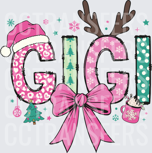 Gigi Christmas Leopard Snowflake Pink Bow Holiday Letters (DTF)