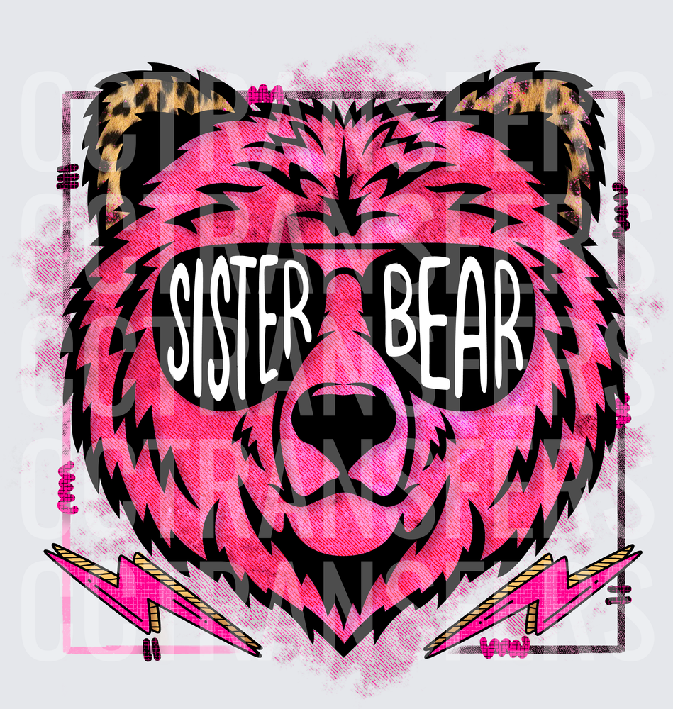 Sister Bear Pink Leopard Bear Sunglasses Lightning Bolts (DTF)