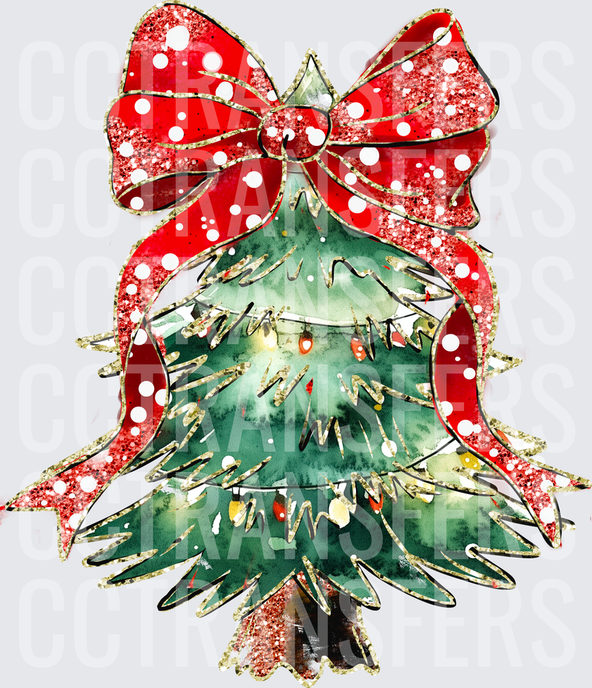 Watercolor Christmas Tree Red Polka Dot Bow Glitter (DTF)