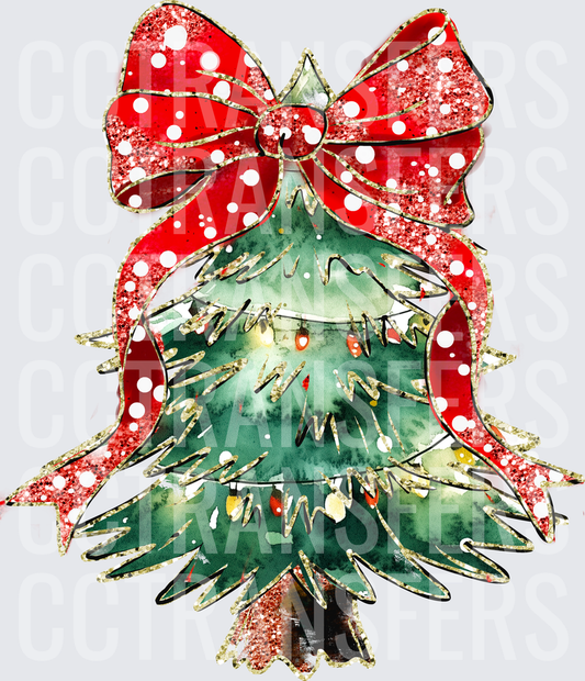 Watercolor Christmas Tree Red Polka Dot Bow Glitter (DTF)