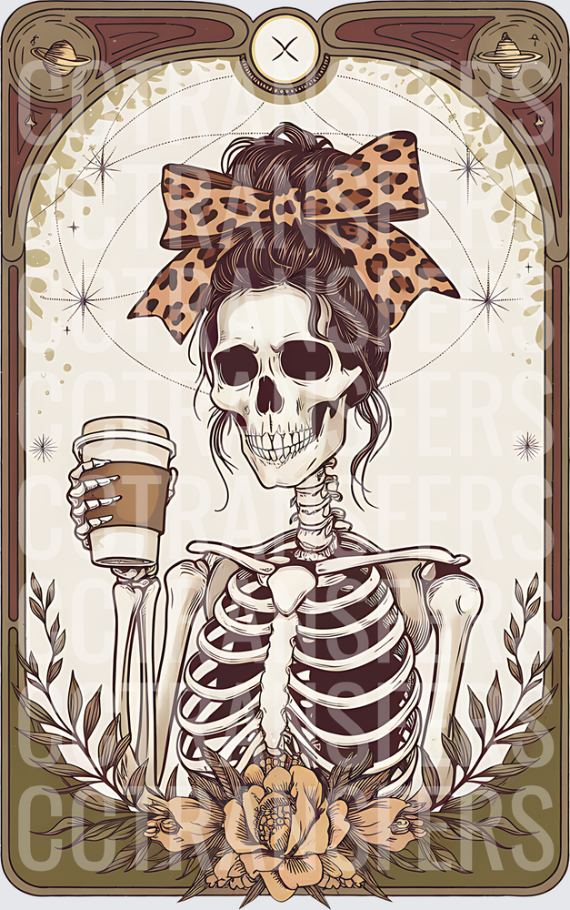 Skeleton Messy Bun Leopard Bow Coffee Tarot Card (DTF)