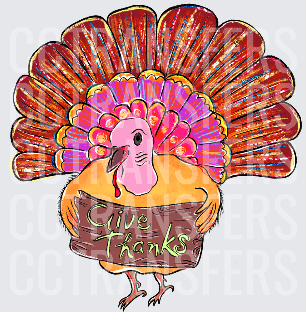 Colorful Thanksgiving Turkey Give Thanks Sign (DTF)