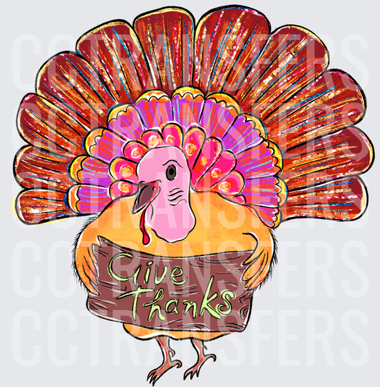 Colorful Thanksgiving Turkey Give Thanks Sign (DTF)
