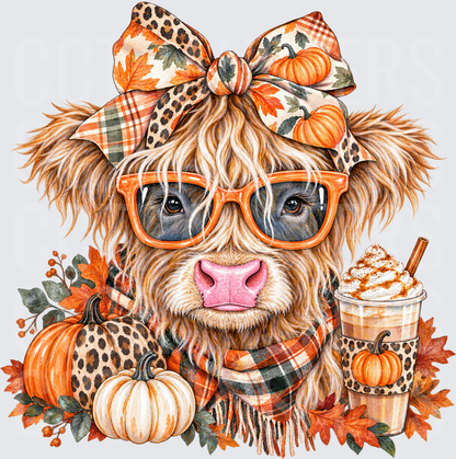 Fluffy Highland Cow Fall Pumpkin Spice Latte Bow (DTF)