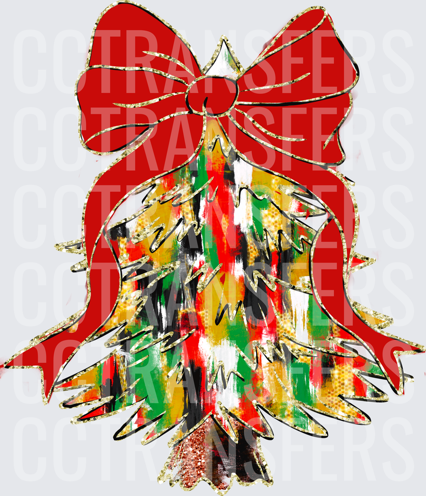 Colorful Abstract Christmas Tree with Red Bow Gold Glitter (DTF)