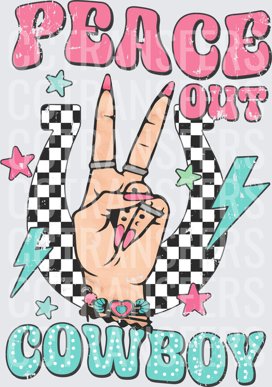 Peace Out Cowboy Retro Hand Peace Sign Horseshoe (DTF)