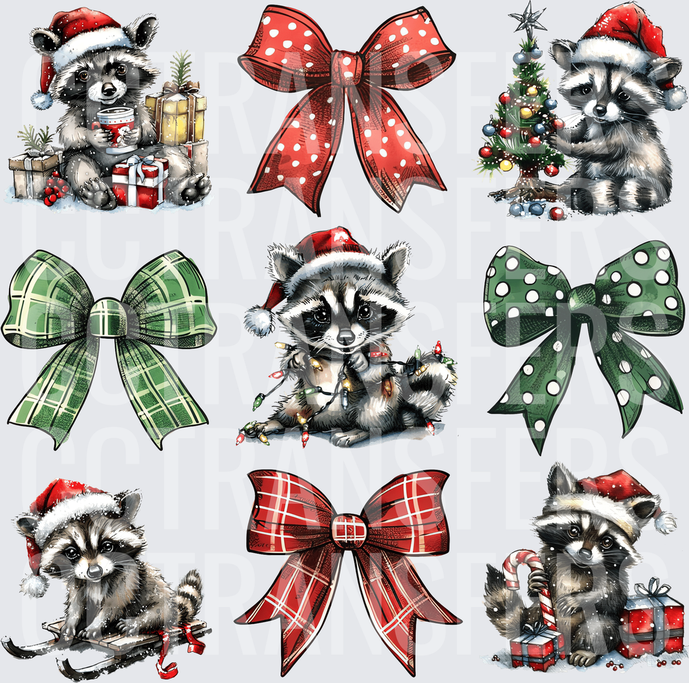 Cute Christmas Raccoon Bundle with Holiday Bows (DTF)