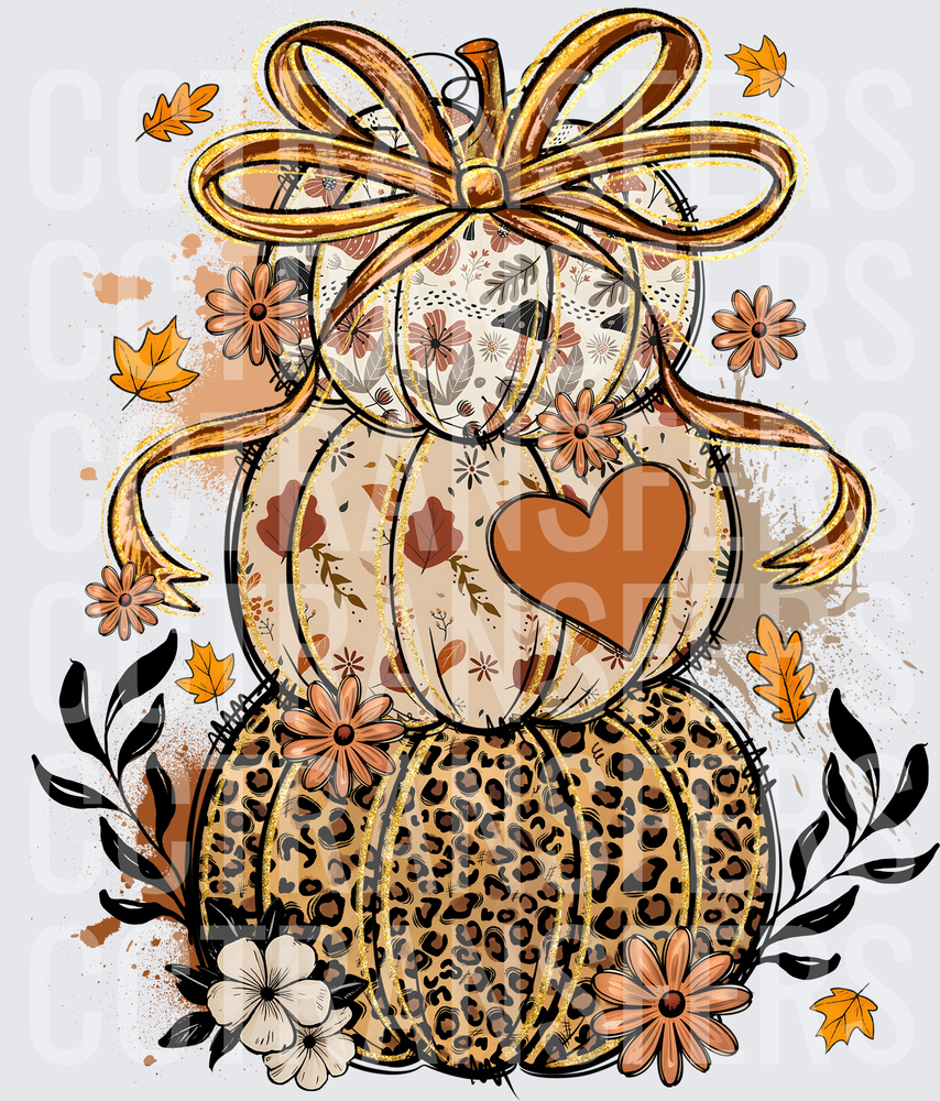 Stacked Fall Pumpkins Leopard Floral Heart Bow (DTF)
