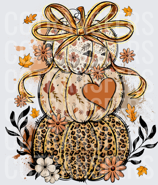 Stacked Fall Pumpkins Leopard Floral Heart Bow (DTF)