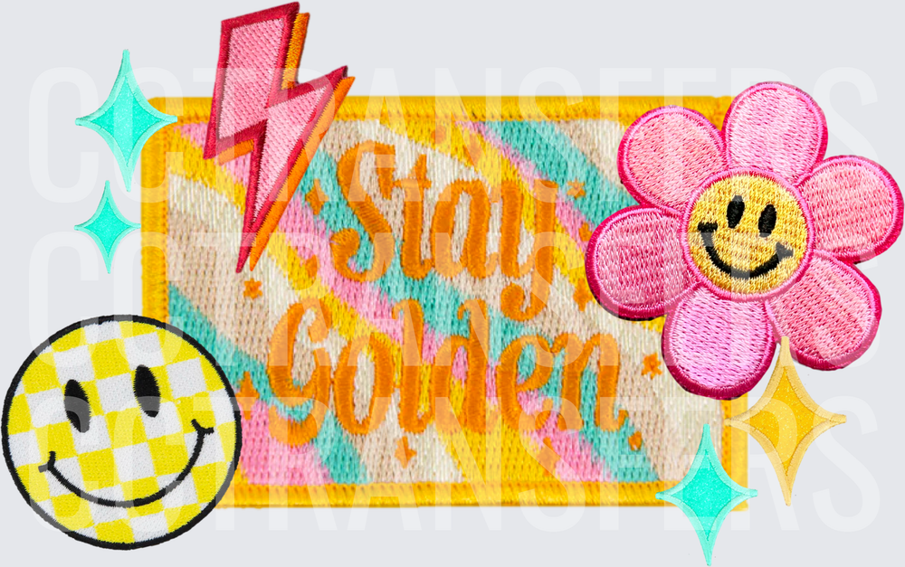 Stay Golden Retro Patch Smiley Flower Lightning Bolt (DTF)