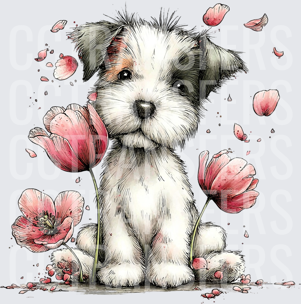 Fluffy Puppy Sitting Among Pink Tulips with Falling Petals (DTF)