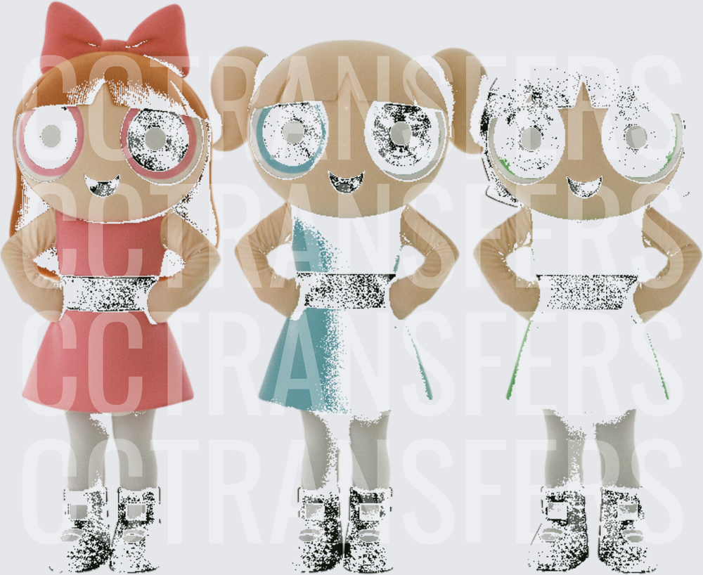 Three Cartoon Superhero Girls Pink Blue White Dresses (DTF)