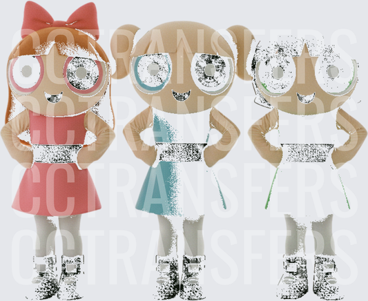 Three Cartoon Superhero Girls Pink Blue White Dresses (DTF)