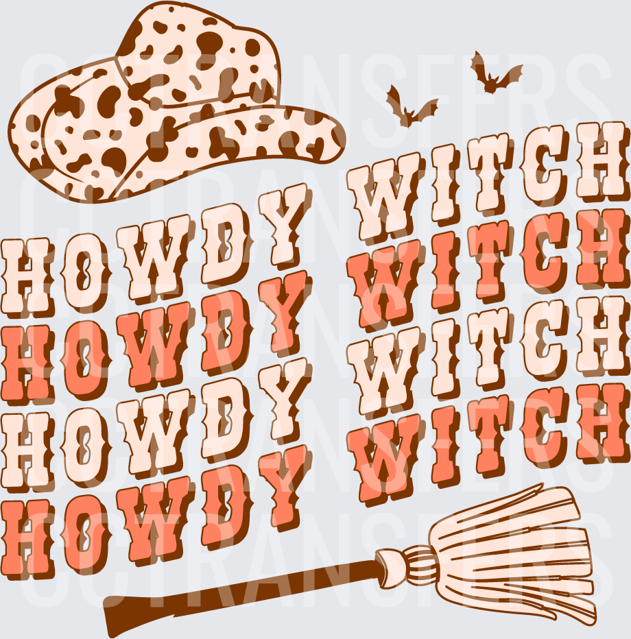 Howdy Witch Cow Print Hat Broom Bats Halloween (DTF)