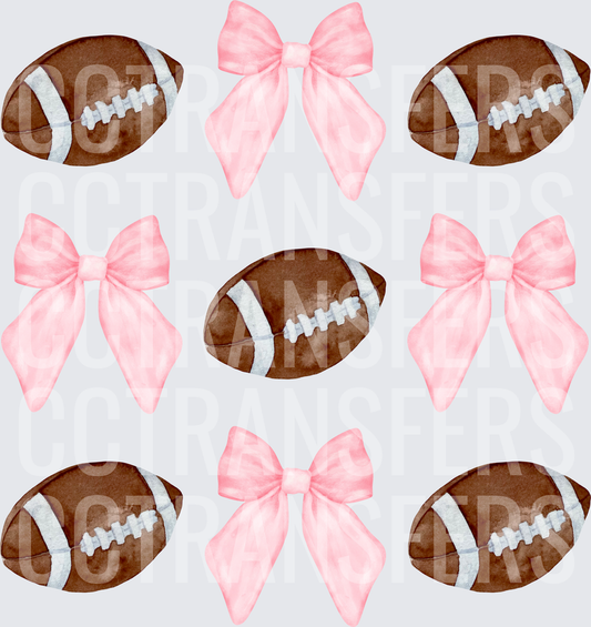 Watercolor Footballs and Pink Bows Pattern (DTF)