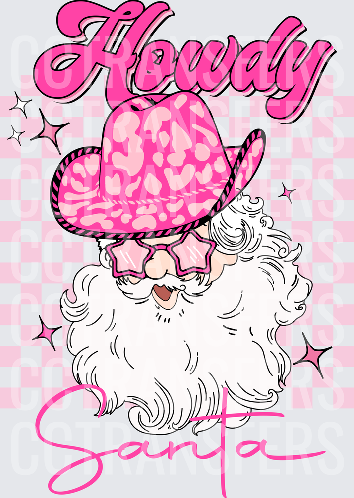 Howdy Santa Pink Cowboy Hat Star Sunglasses Christmas (DTF)