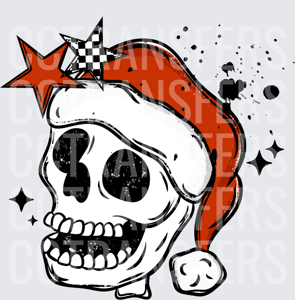 Grunge Skull Santa Hat Stars Ink Splatter Christmas (DTF)