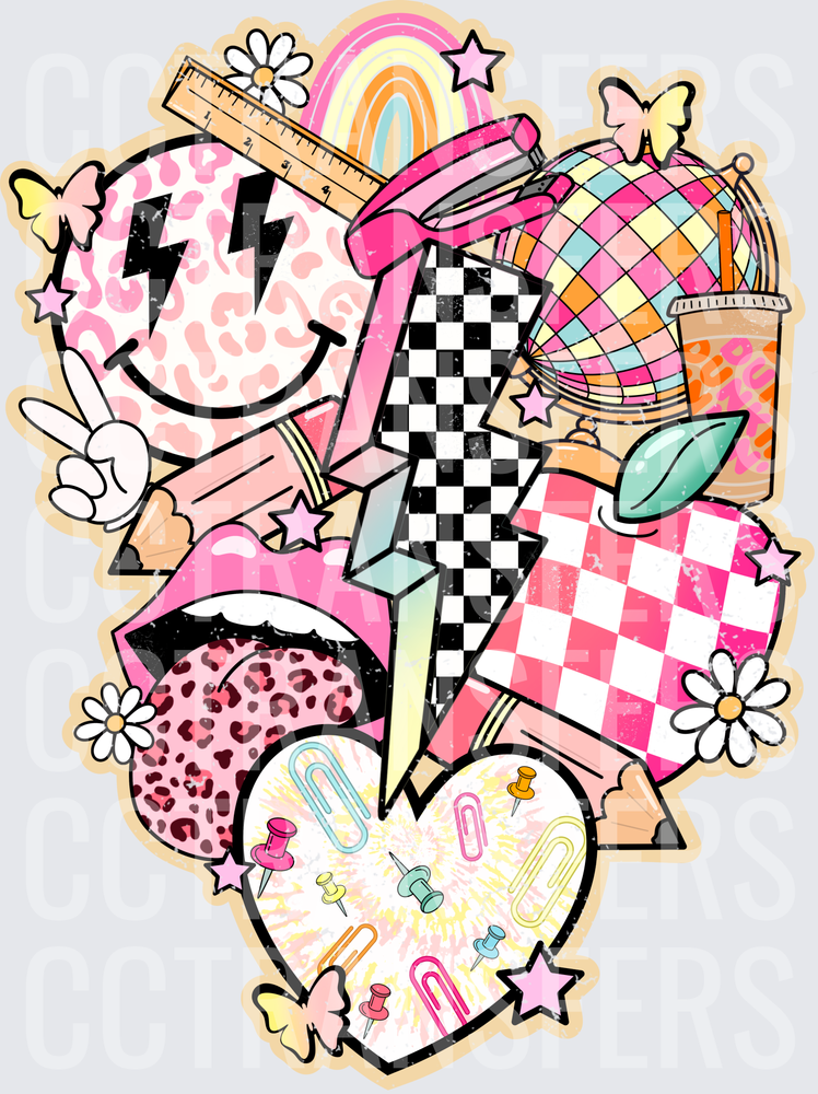 Retro Pink Leopard Teacher School Supply Collage (DTF)