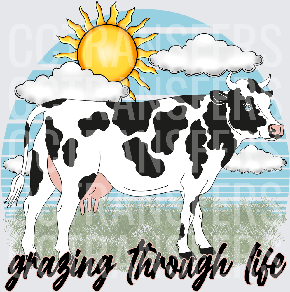 Grazing Through Life Holstein Cow Sunny Sky Scene (DTF)