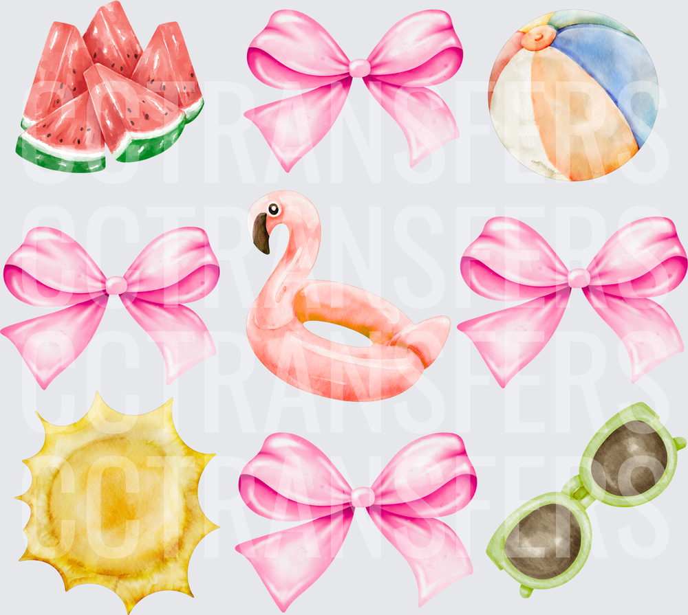 Watercolor Summer Bows Flamingo Float Beach Icons (DTF)