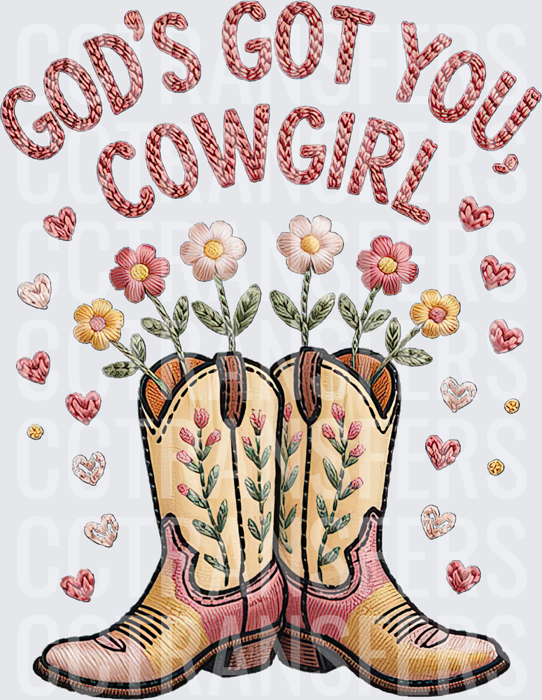 God's Got You Cowgirl Floral Boots Hearts (DTF)