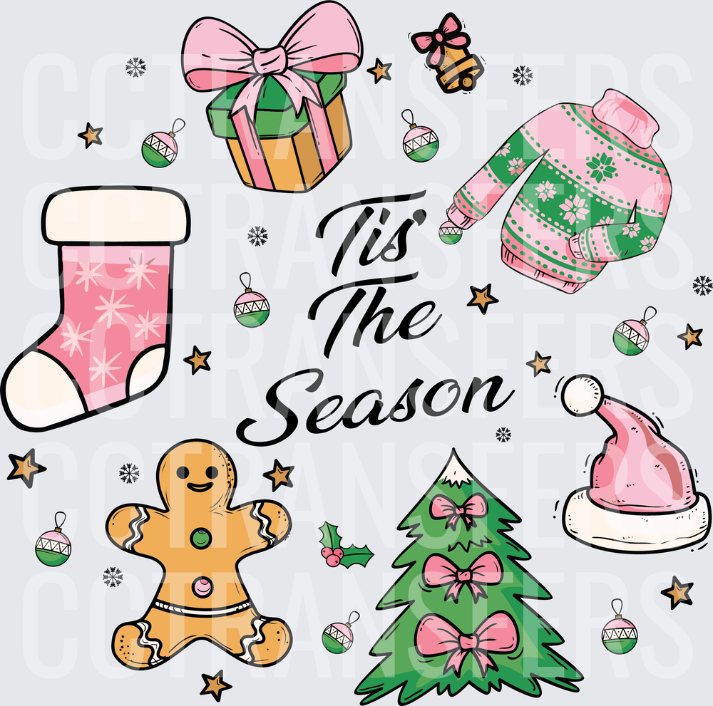 Tis The Season Pink Green Christmas Icons Collage (DTF)