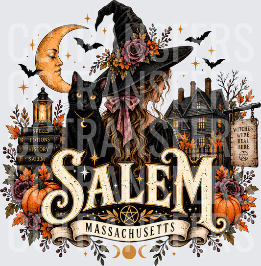 Salem Massachusetts Witch Black Cat Floral Halloween (DTF)