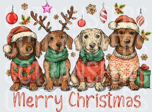 Merry Christmas Four Dachshunds Holiday Sweaters (DTF)