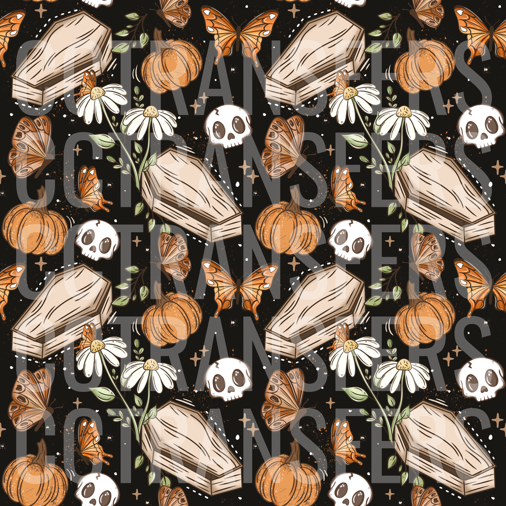 Halloween Coffins Skulls Pumpkins Butterflies Daisy Pattern (DTF)