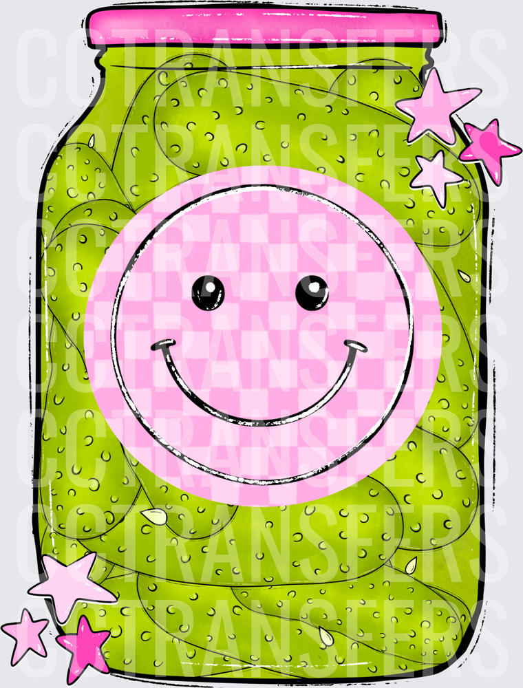 Green Pickle Jar Pink Checkered Smiley Face Stars (DTF)