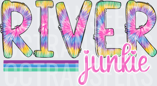 River Junkie Tie Dye Bold Letters Colorful Design (DTF)
