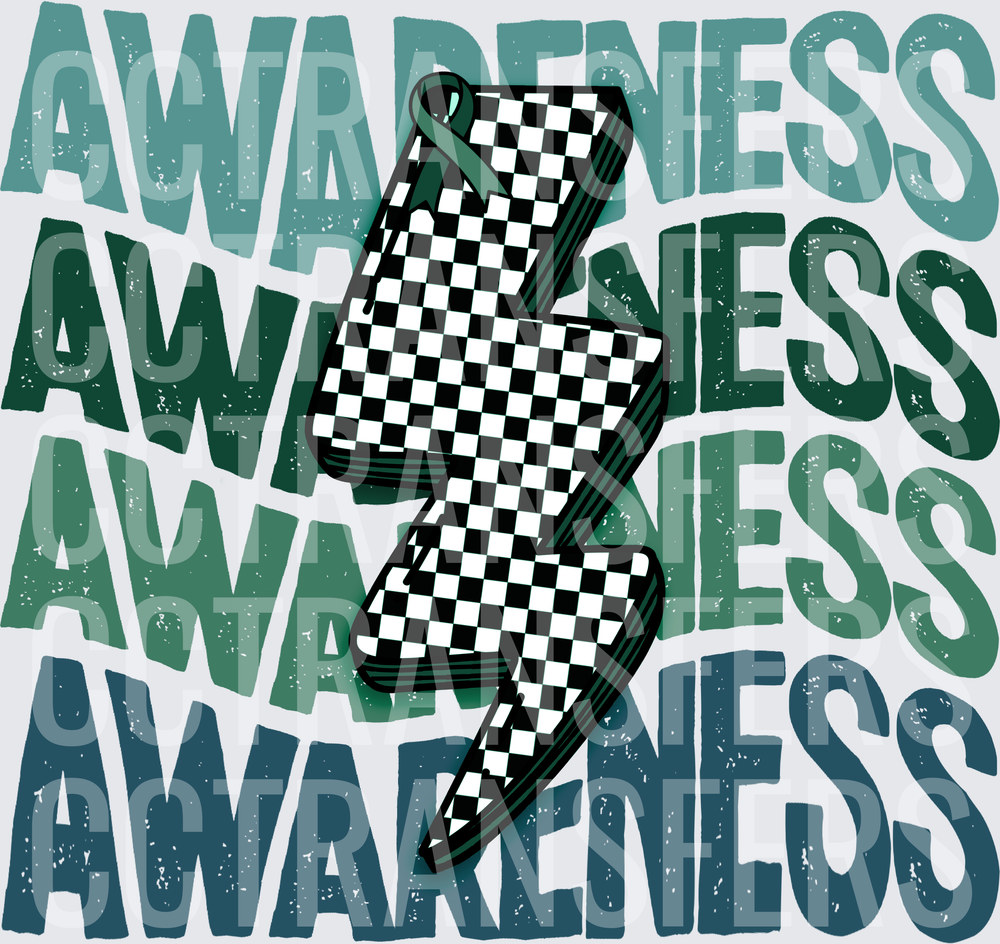 Awareness Stacked Text Checkered Lightning Bolt Teal Ribbon (DTF)
