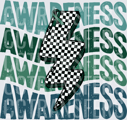 Awareness Stacked Text Checkered Lightning Bolt Teal Ribbon (DTF)