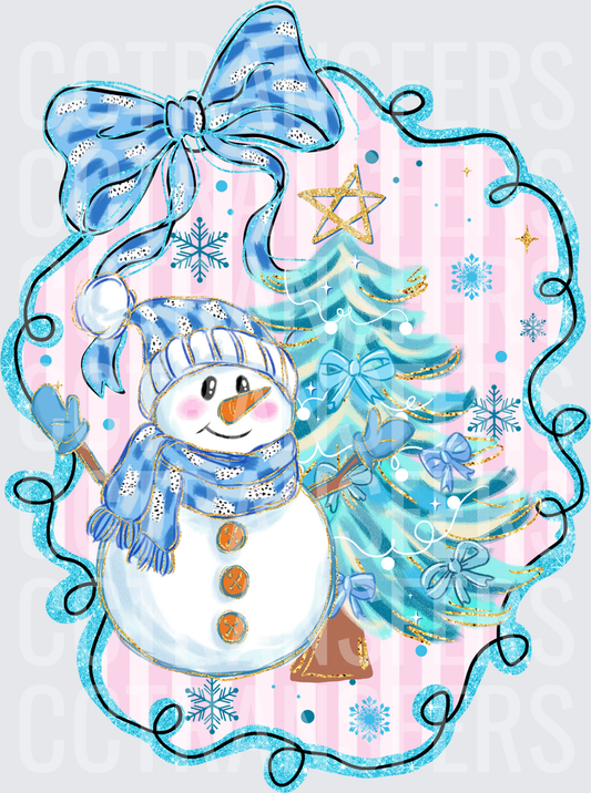 Whimsical Snowman Blue Christmas Tree Bow Frame (DTF)