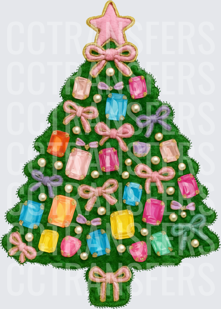 Jeweled Christmas Tree with Bows Pearl Accents Pink Star (DTF)